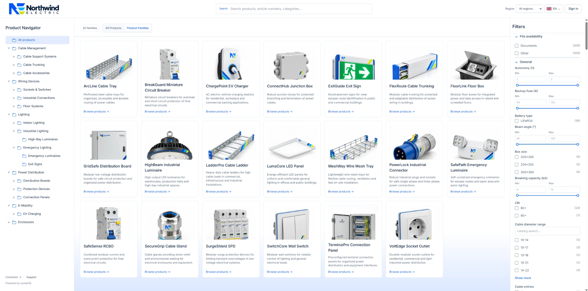 Overview of an electrical product catalogue with product filters