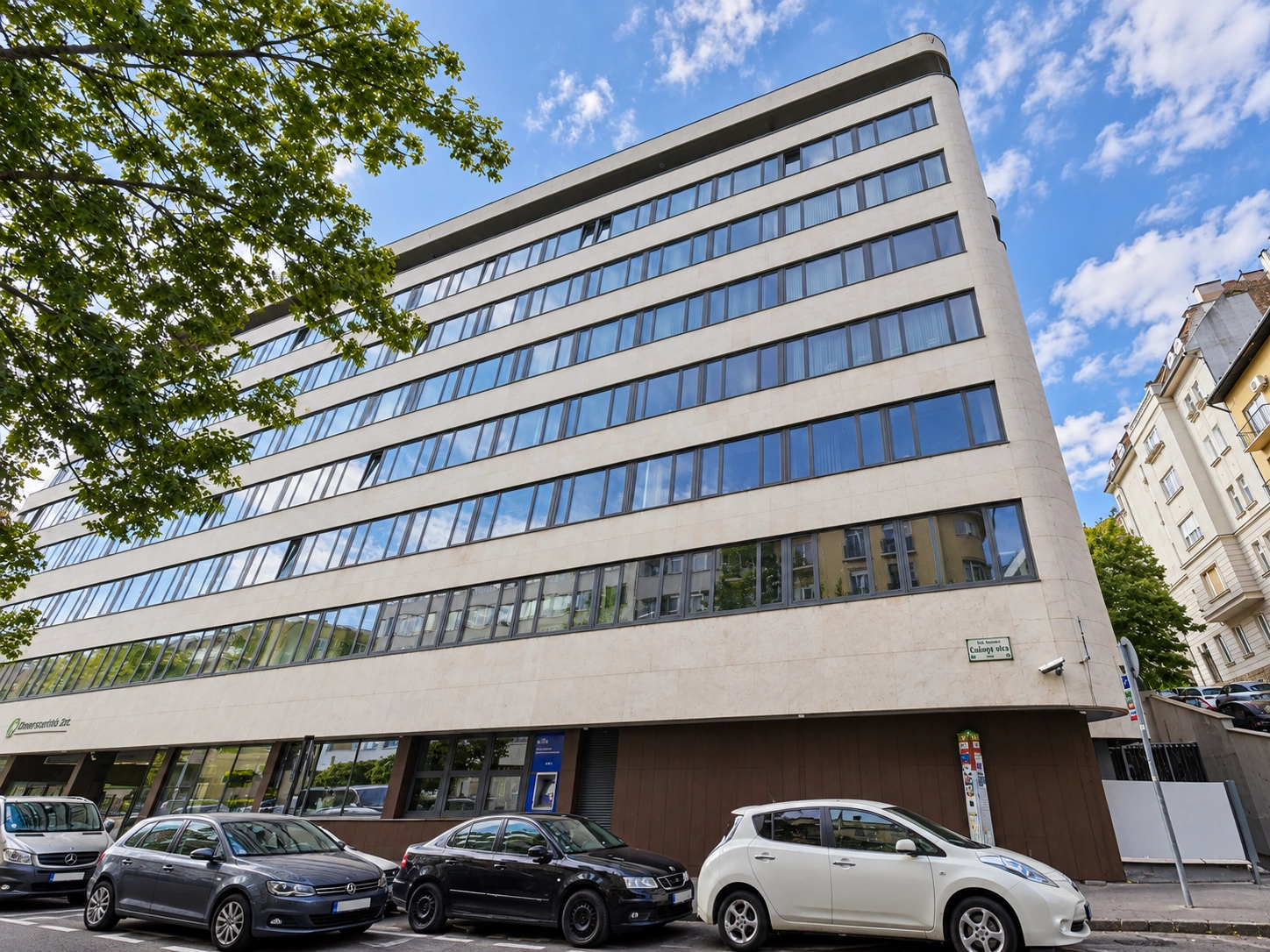 Street-level view of an office building in Budapest